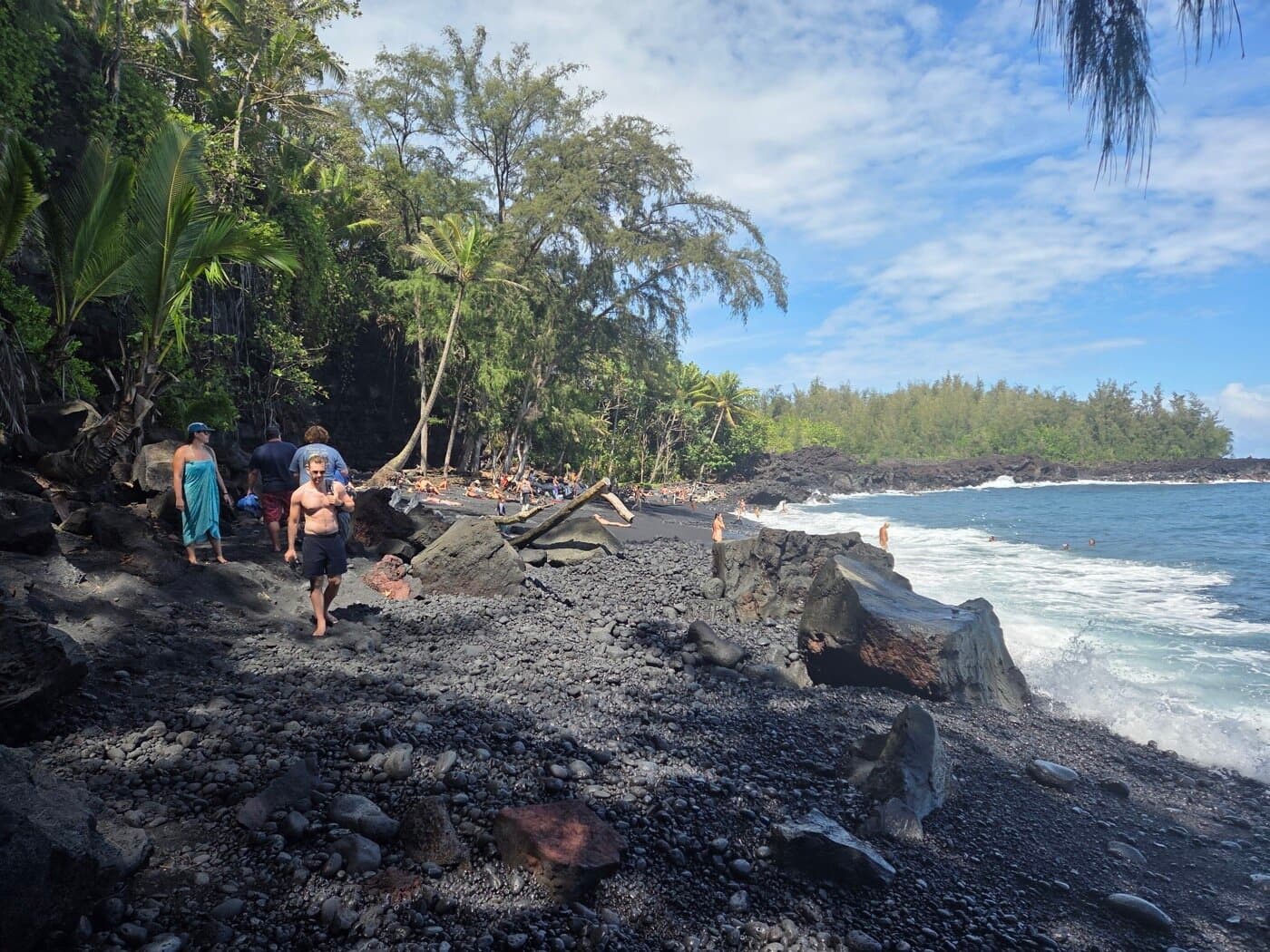 Sacred Ways group on Big Island black sand beach with palms and ocean