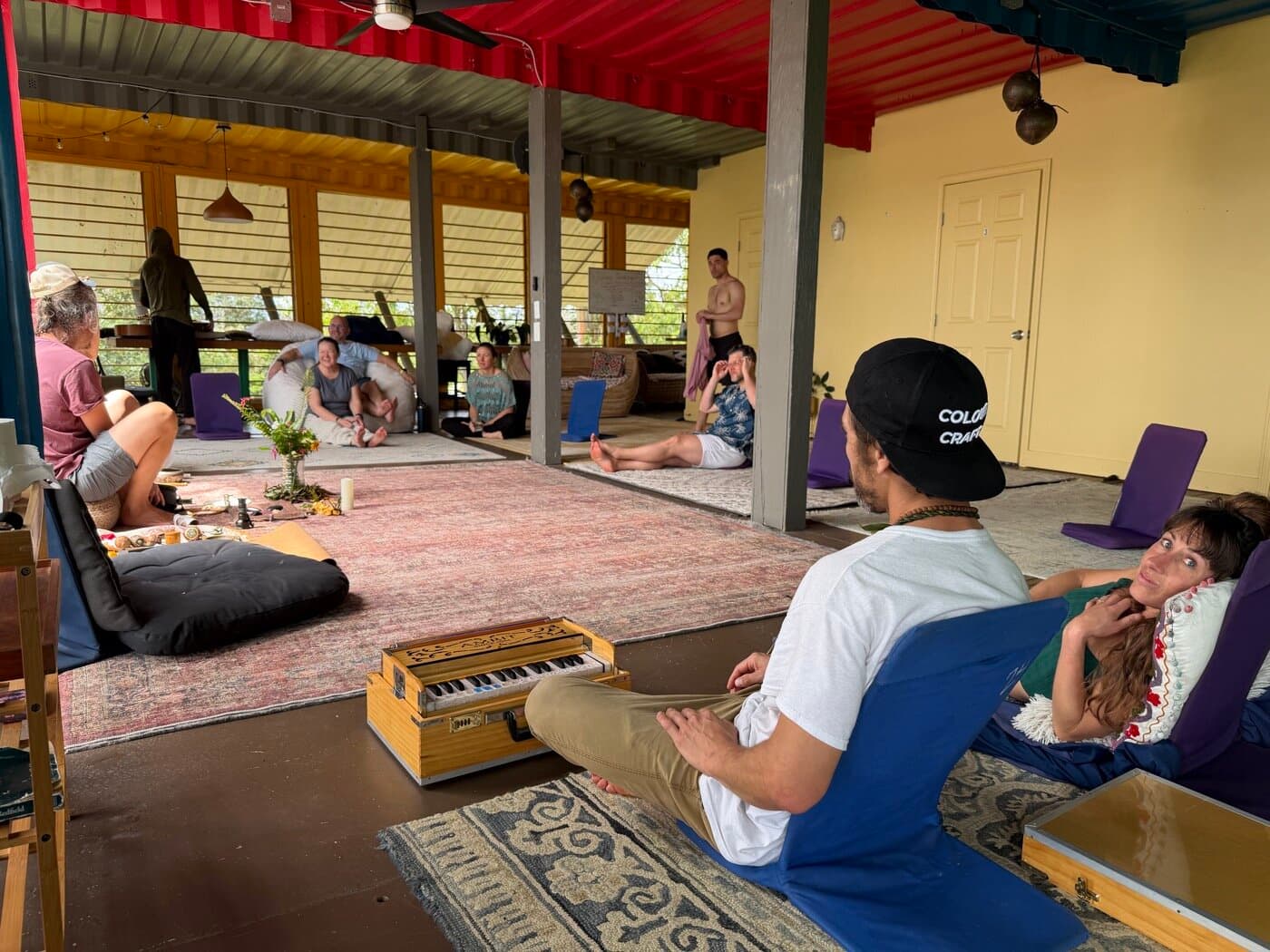 Open-air shala ceremony in daylight with the group gathered