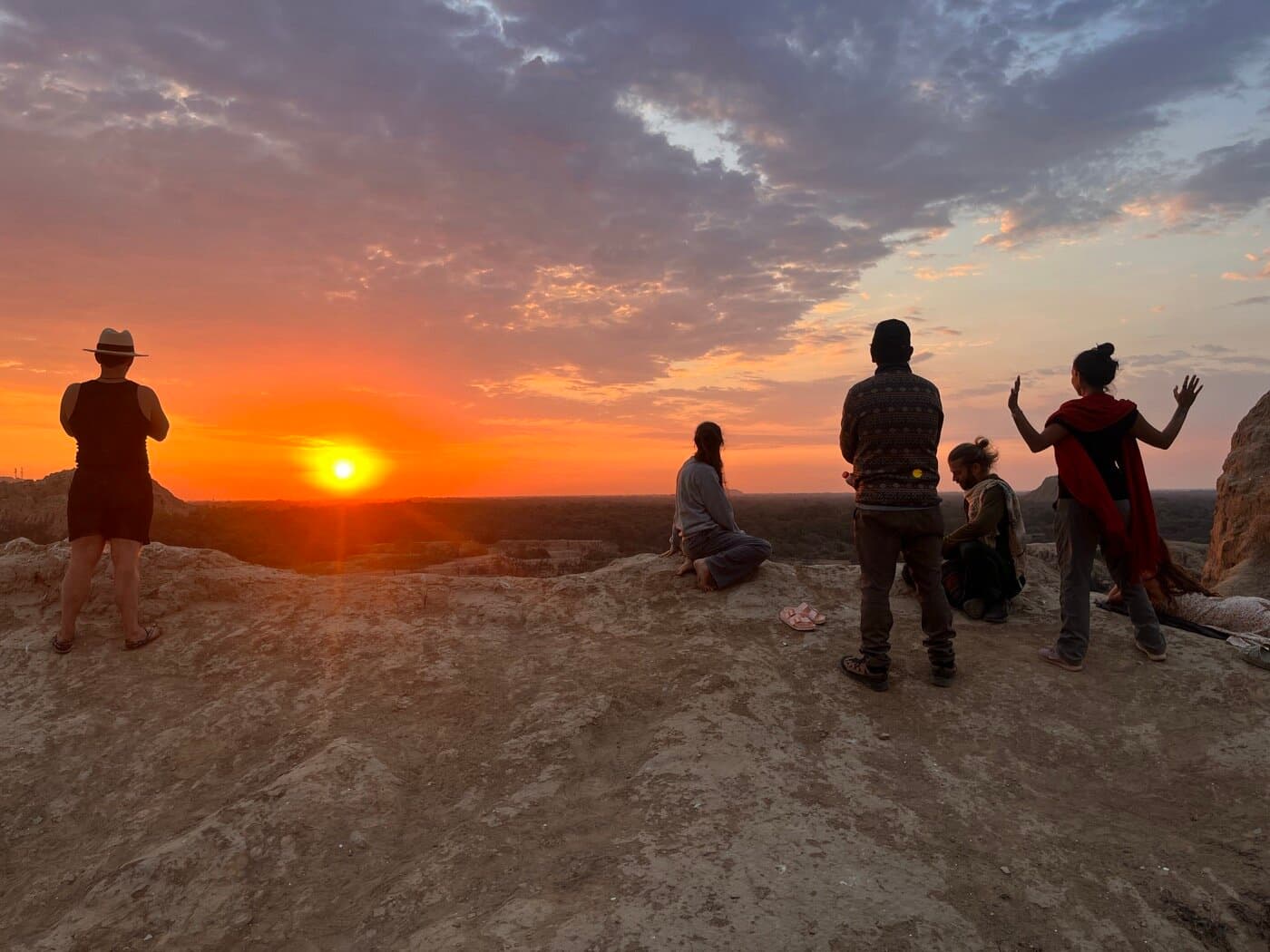 Sacred Ways pilgrims at sunset opening the Peru pilgrimage at Batan Grande